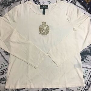 Lauren Ralph Lauren Cream Long Sleeve Tee with Gold Embroidered Crest